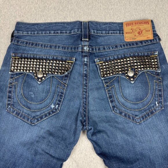 True Religion Ricky Distressed Embellished Studded Jeans Size 36X34 Y2k Straight - Picture 1 of 14